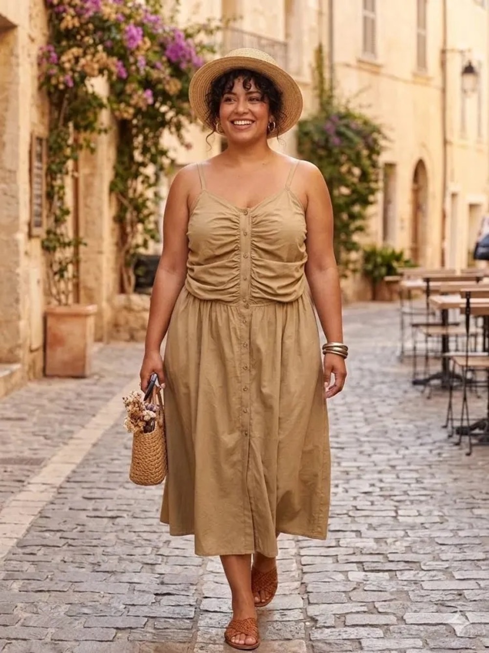 Future Collective Plus size XXL Tan Button-Front Spaghetti Strap Dress